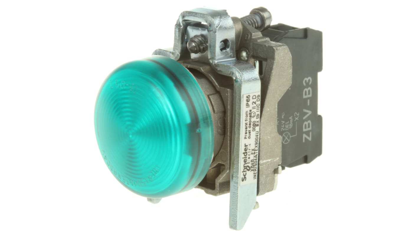 Spia LED Schneider Electric, montaggio a pannello 22 mm, colore verde, IP65, 24V, certificata ATEX per aree pericolose.