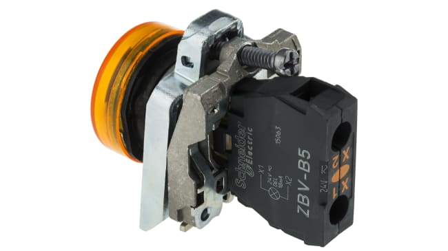 Spia LED universale Schneider Electric XB4BVB5 - 22mm, Montaggio a pannello, IP66/IP67/IP69K. Ideale per ambienti industriali.