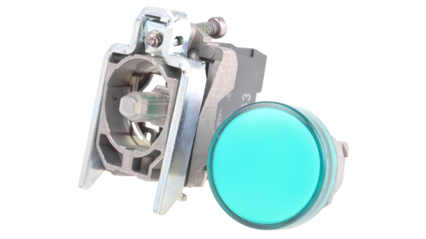 Spia LED verde Schneider Electric Harmony XB4BVG3, montaggio a pannello 22mm, resistente alle vibrazioni, IP67. Ideale per ambienti industriali.