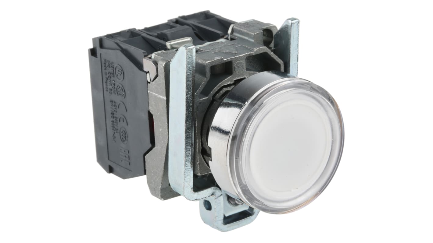 Pulsante luminoso bianco Schneider Electric XB4BW31B5 per avviare macchinari. Resistente, SPDT, IP66/IP67/IP69K, ideale per settore medico, cantieri navali, linee di produzione. Diametro 22mm.