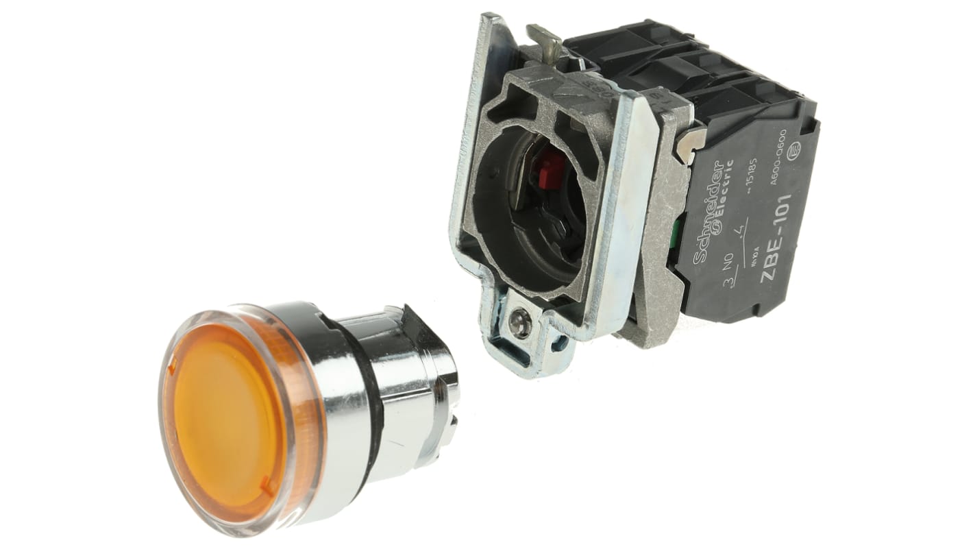 Pulsante luminoso SPDT arancione Schneider Electric XB4BW3565, montaggio a pannello, diametro 22 mm, grado di protezione IP 67.