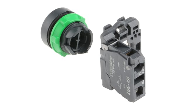 Pulsante SPST verde Schneider Electric XB5AA31 per montaggio a pannello, diametro 22 mm, grado di protezione IP66/IP67/IP69K.