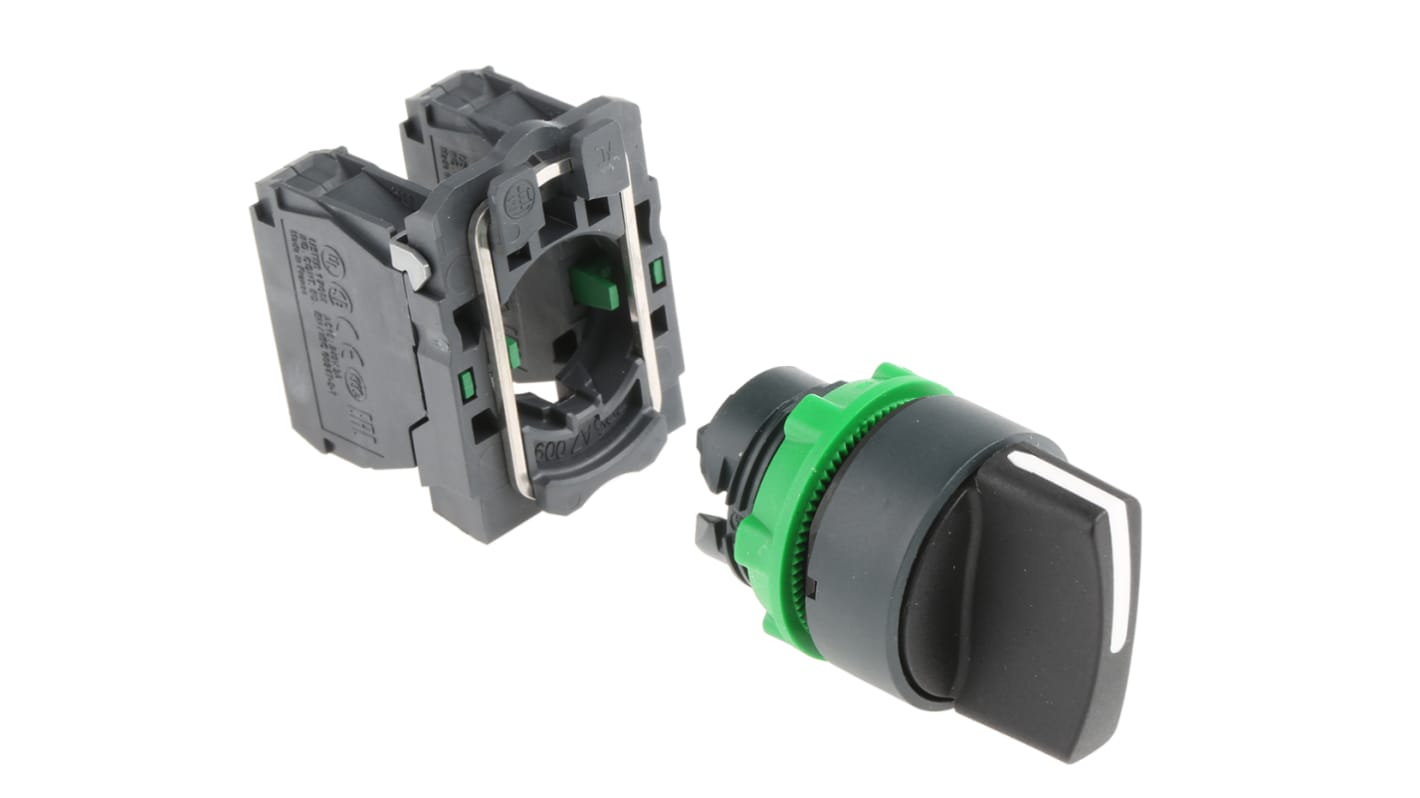 Selettore a 3 posizioni Schneider Electric XB5AD33, diametro di montaggio 22 mm, protezione IP69K, resistenza da -40 a +70 gradi.