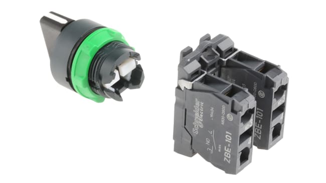 Selettore a 3 posizioni Schneider Electric XB5AD33, diametro di montaggio 22 mm, protezione IP69K, resistenza da -40 a +70 gradi.