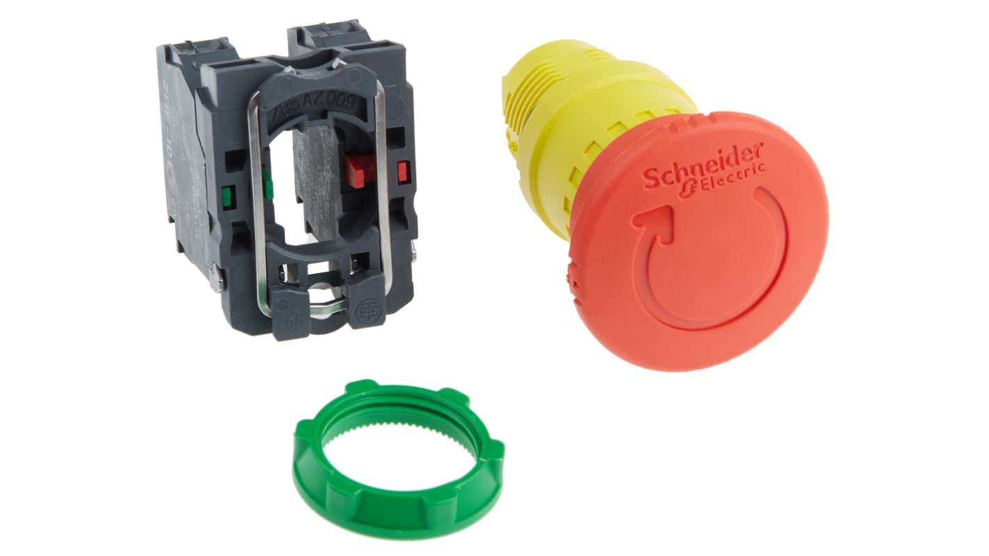 Pulsante di arresto di emergenza Schneider Electric XB5AS8445, Ø 40mm, IP69K, 1 circuito + contatto di segnalazione. Ideale per macchinari industriali e ambienti difficili. Acquista ora!