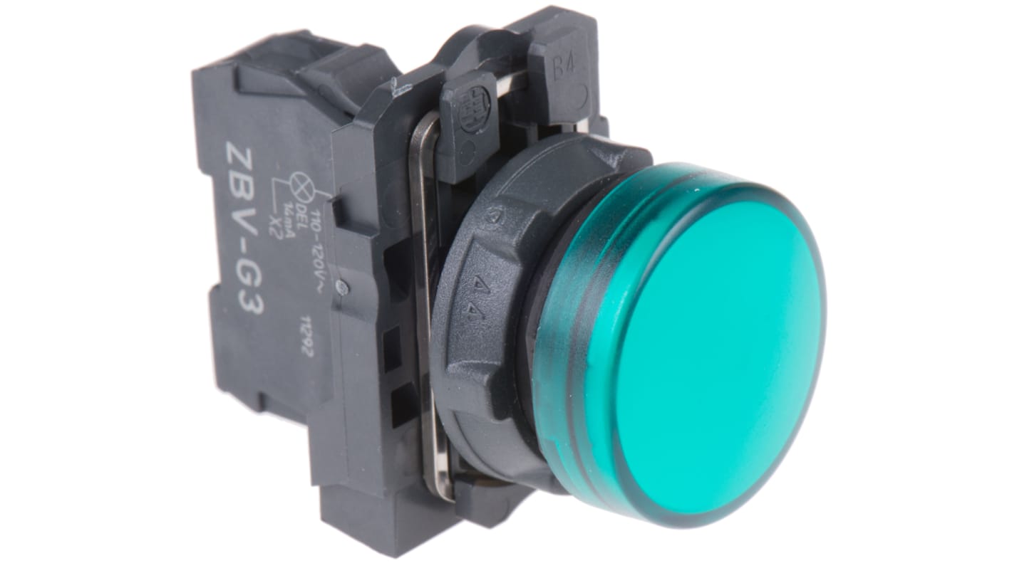 Spia LED verde Schneider Electric XB5AVG3, foro 22mm, montaggio a pannello, IP66/IP67, tensione 120V, corrente 14mA.