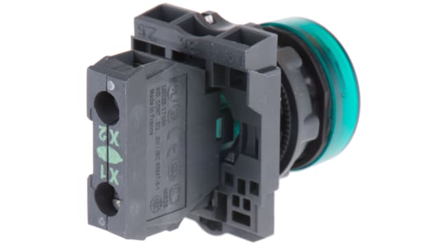 Spia LED verde Schneider Electric XB5AVG3, foro 22mm, montaggio a pannello, IP66/IP67, tensione 120V, corrente 14mA.