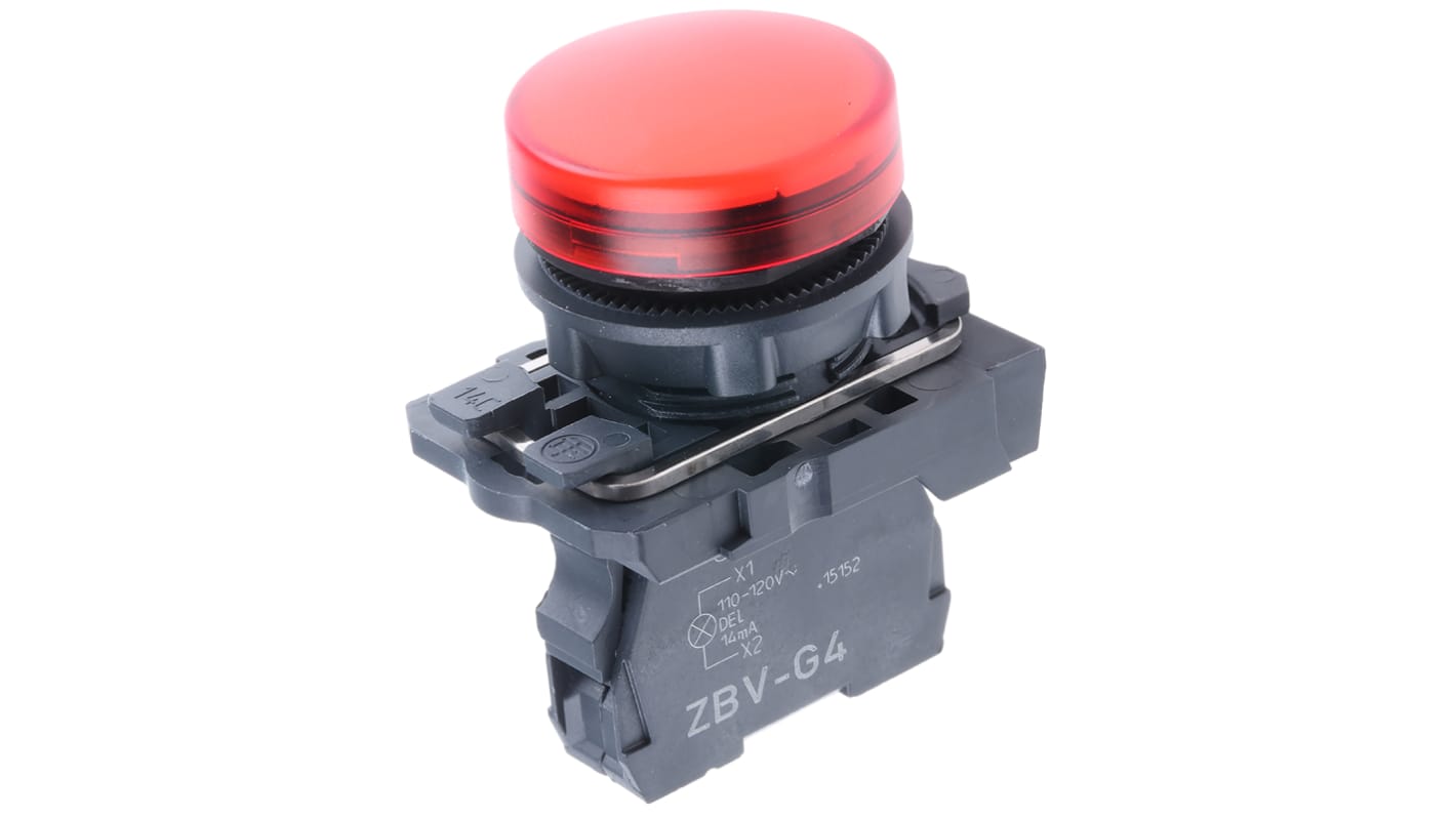 Spia LED rossa Schneider Electric XB5AVG4, montaggio a pannello, foro 22mm, protezione IP66/IP67, 120V ca. Adatta per ambienti industriali.