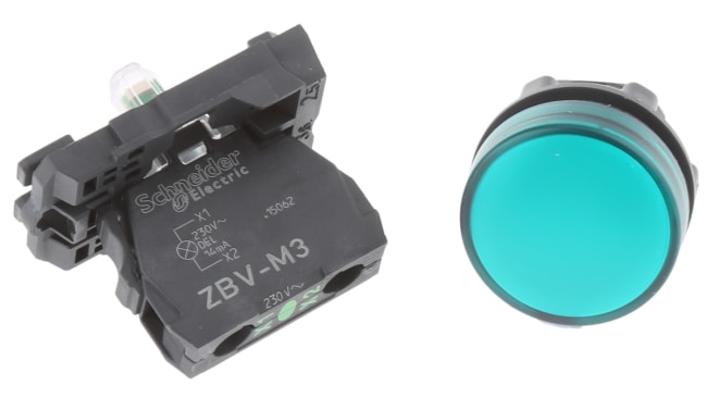 Spia LED verde Schneider Electric, montaggio a pannello 22 mm, IP66/IP67, tensione 240V, resistenza agli urti IK05.