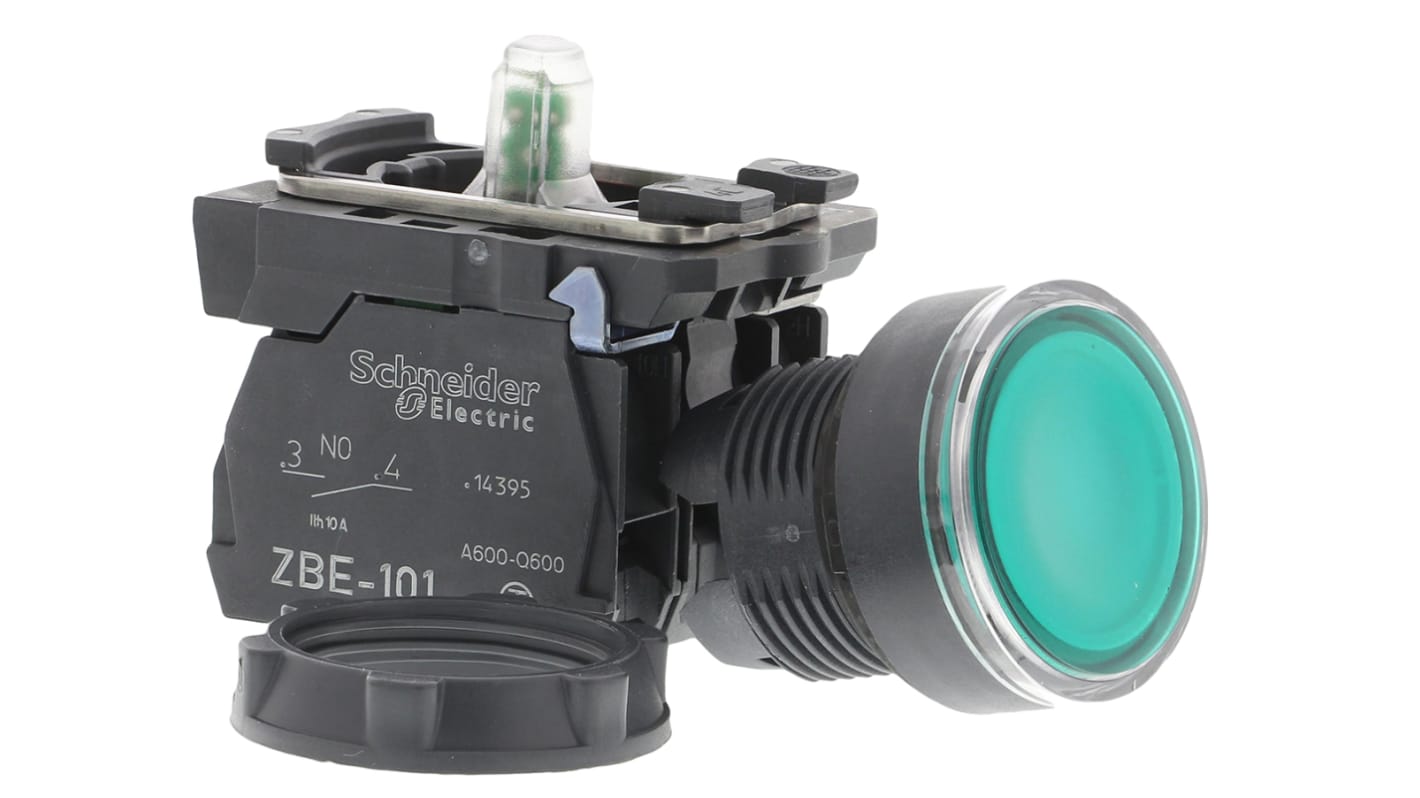 Pulsante luminoso verde Schneider Electric XB5AW33M5, montaggio a pannello, SPDT, diametro 22 mm, grado di protezione IP 66/67/69 K.