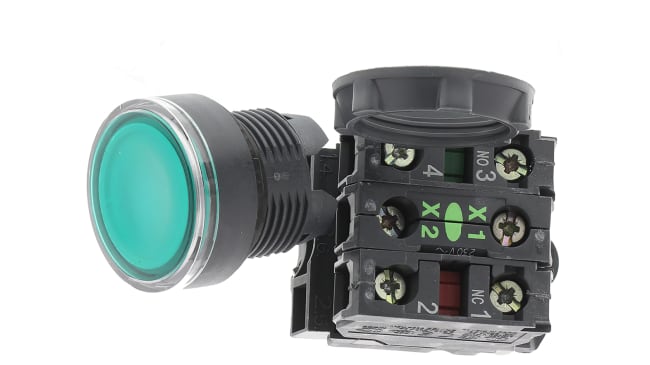 Pulsante luminoso verde Schneider Electric XB5AW33M5, montaggio a pannello, SPDT, diametro 22 mm, grado di protezione IP 66/67/69 K.