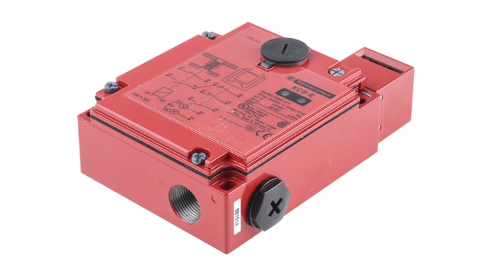 Interruttore di sicurezza con interblocco a solenoide Telemecanique Sensors XCSE7511, 24V ca/cc, IP67. Protezione avanzata per macchinari industriali.