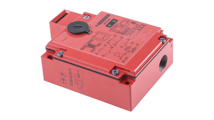 Interruttore di sicurezza con interblocco a solenoide Telemecanique Sensors XCSE7511, 24V ca/cc, IP67. Protezione avanzata per macchinari industriali.