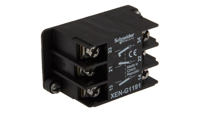 Blocco contatti Schneider Electric XENG1191, 2NO + 1NC, 10A, 600V - Montaggio frontale per applicazioni industriali.