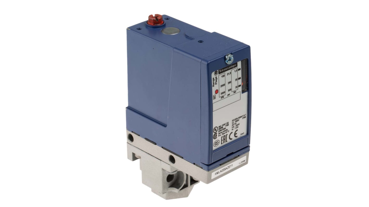 Sensore di pressione differenziale Telemecanique Sensors XMLA035A2S11, max 35 bar, uscita relè, IP66, -25 a +70 °C.