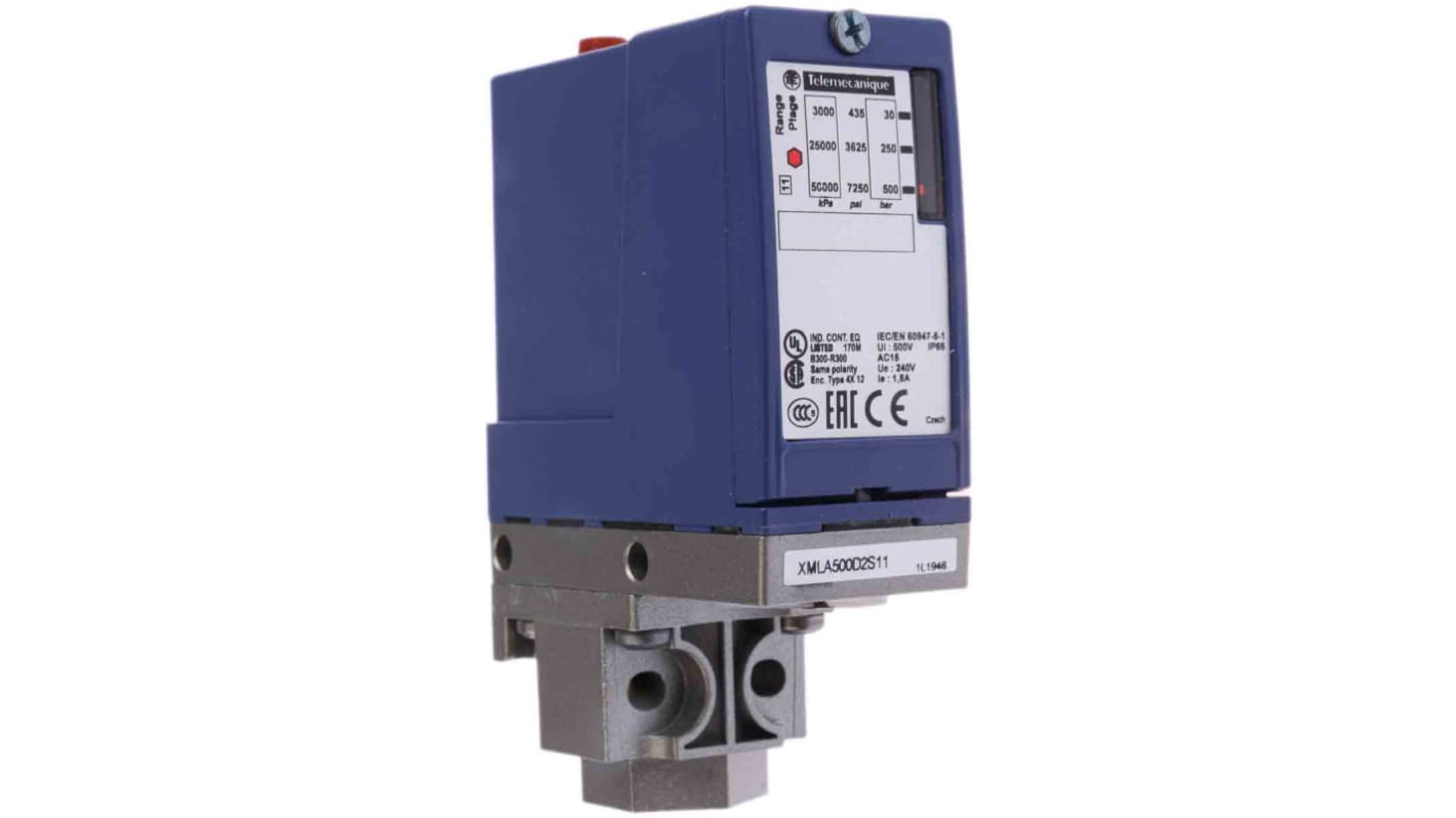 Sensore di pressione differenziale Telemecanique Sensors XMLA500D2S11, 500 bar, uscita relè, IP66, -25 a +70 °C.