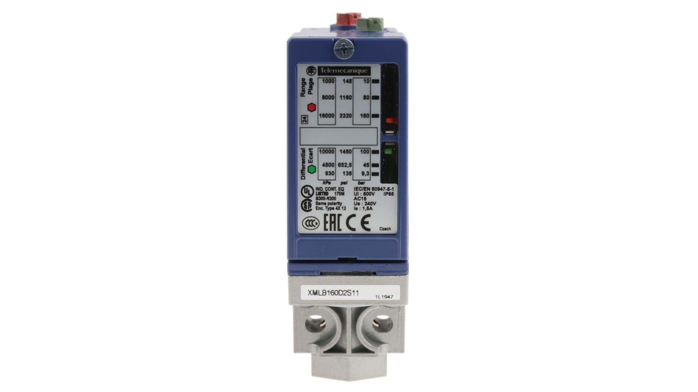 Sensore di pressione differenziale Telemecanique Sensors XMLB160D2S11, 10-160 bar, uscita relè, IP66, dimensioni 113x75x35 mm.