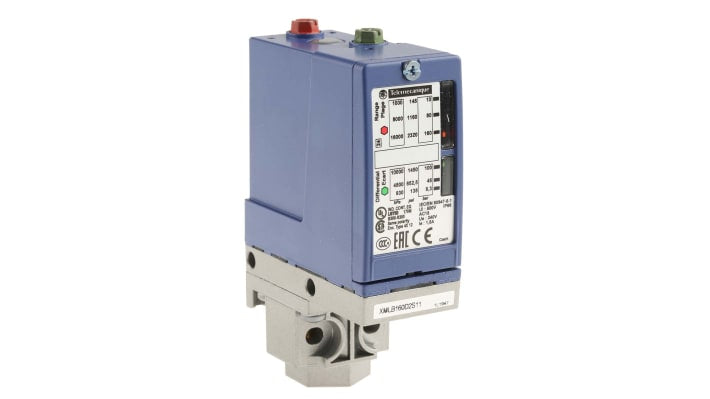 Sensore di pressione differenziale Telemecanique Sensors XMLB160D2S11, 10-160 bar, uscita relè, IP66, dimensioni 113x75x35 mm.
