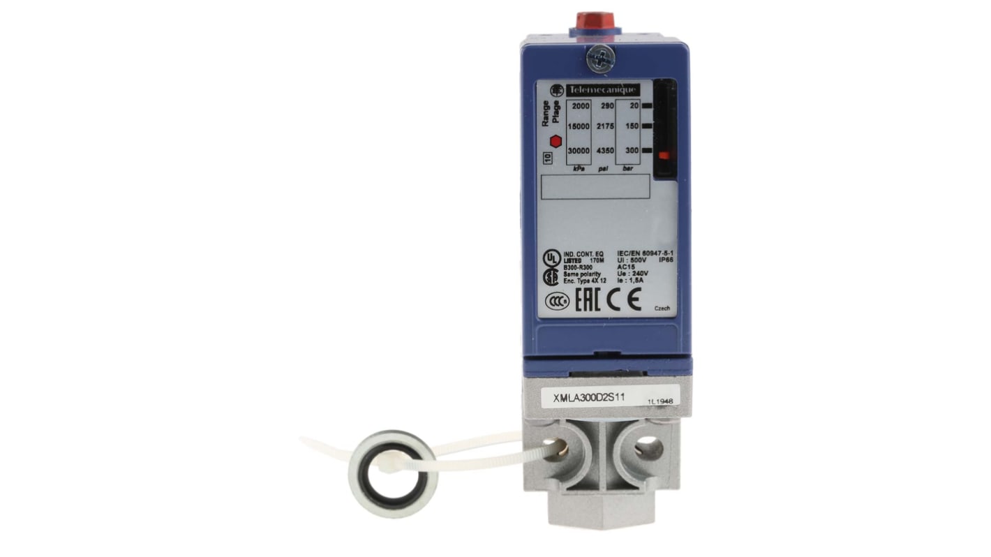 Sensore di pressione differenziale Telemecanique Sensors XMLB300D2S11, 300 bar, uscita relè, IP66, -25/+70 °C.