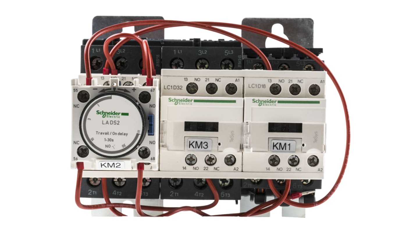 Schneider Electric LC3D32AB7, starter stella-triangolo per motori 30 kW, 24 V c.a., 32 A, montaggio su telaio aperto, dimensioni 124x165x145 mm.