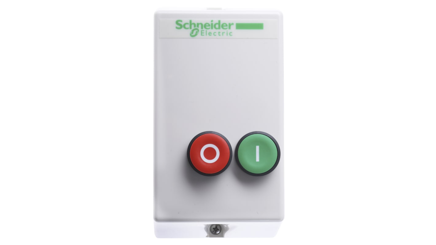 Starter DOL automatico Schneider Electric LE1D12V7, potenza 7,5 kW, tensione 690 V, dimensioni 166x88x128,5 mm, richiede relè di sovraccarico.