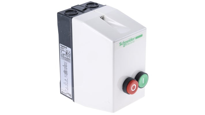 Starter DOL automatico Schneider Electric LE1D12V7, potenza 7,5 kW, tensione 690 V, dimensioni 166x88x128,5 mm, richiede relè di sovraccarico.