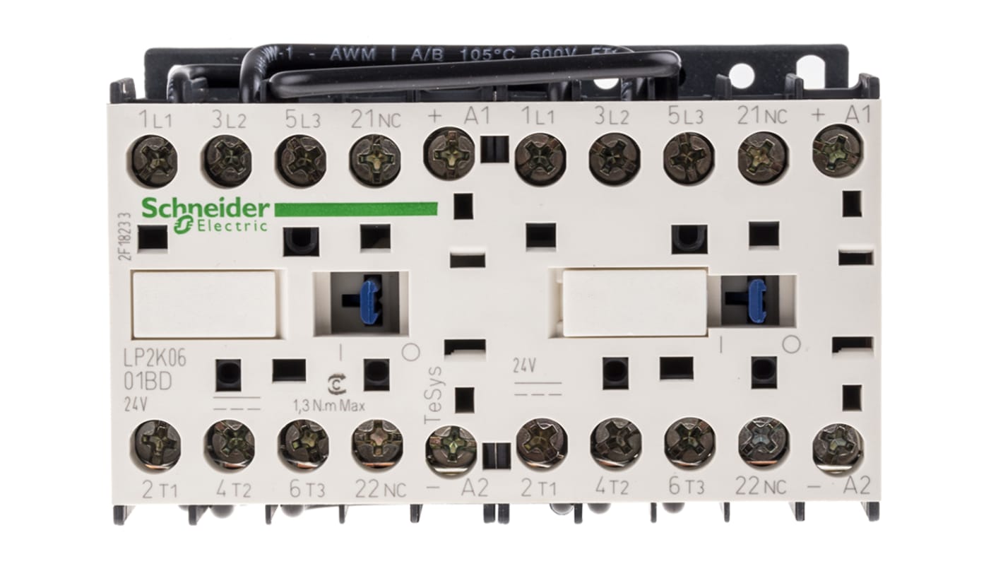 Contattore invertente Schneider Electric LP2K0601BD, 3 poli, 6A, 24V c.c., 3kW, AC-3 AC-4, per ascensori e compressori.