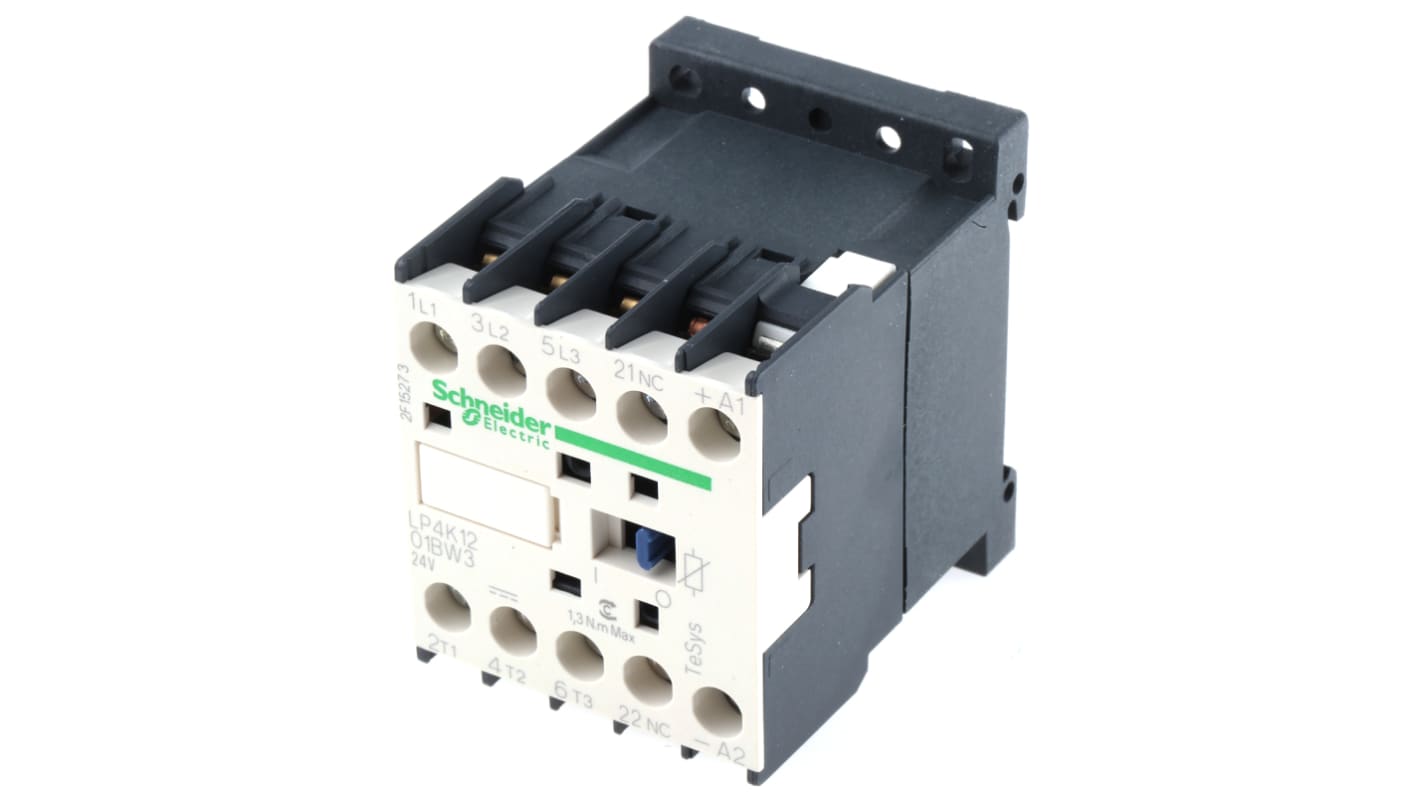 Contattore tripolare Schneider Electric LP4K1201BW3, 24 V c.c., 12 A, montaggio a pannello, dimensioni 45x58x57 mm.