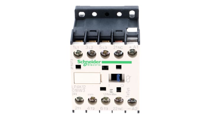 Contattore tripolare Schneider Electric LP4K1201BW3, 24 V c.c., 12 A, montaggio a pannello, dimensioni 45x58x57 mm.