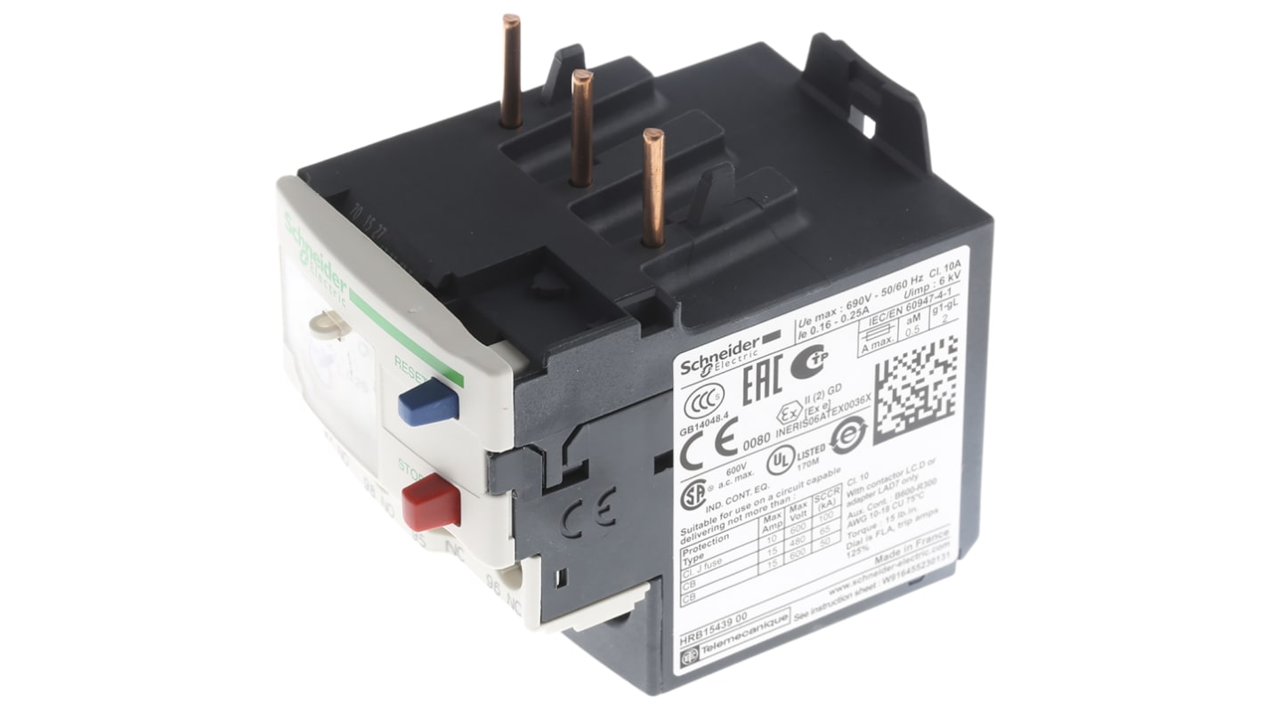 Relè di sovraccarico Schneider Electric LRD02, 3 poli, protezione termica, FLC 0,16-0,25 A, montaggio su teleruttori TeSys. Dimensioni 45x123x66 mm.