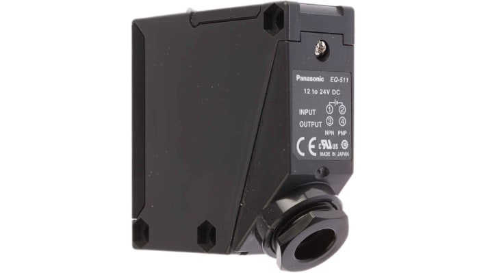 Sensore fotoelettrico Panasonic EQ-511, design compatto, rilevamento 100 mm a 2,5 m, montaggio a pannello, IP67.