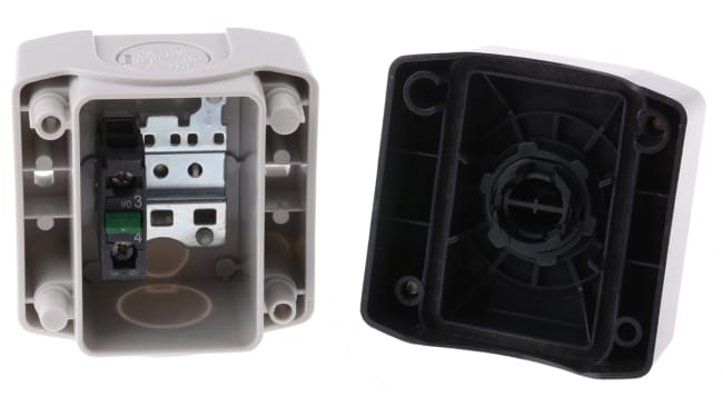 Schneider Electric XALD101, scatola pulsante IP66/IP67/IP69K, attuazione a pulsante, dimensioni 68x68x53 mm, contenitore in policarbonato grigio.