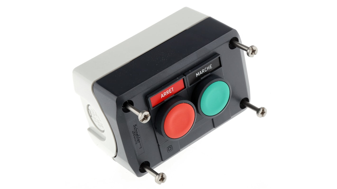 Scatola pulsante Schneider Electric XALD211, IP66/IP67/IP69K, attuazione a molla, montaggio a vite, dimensioni 106x68x62 mm.