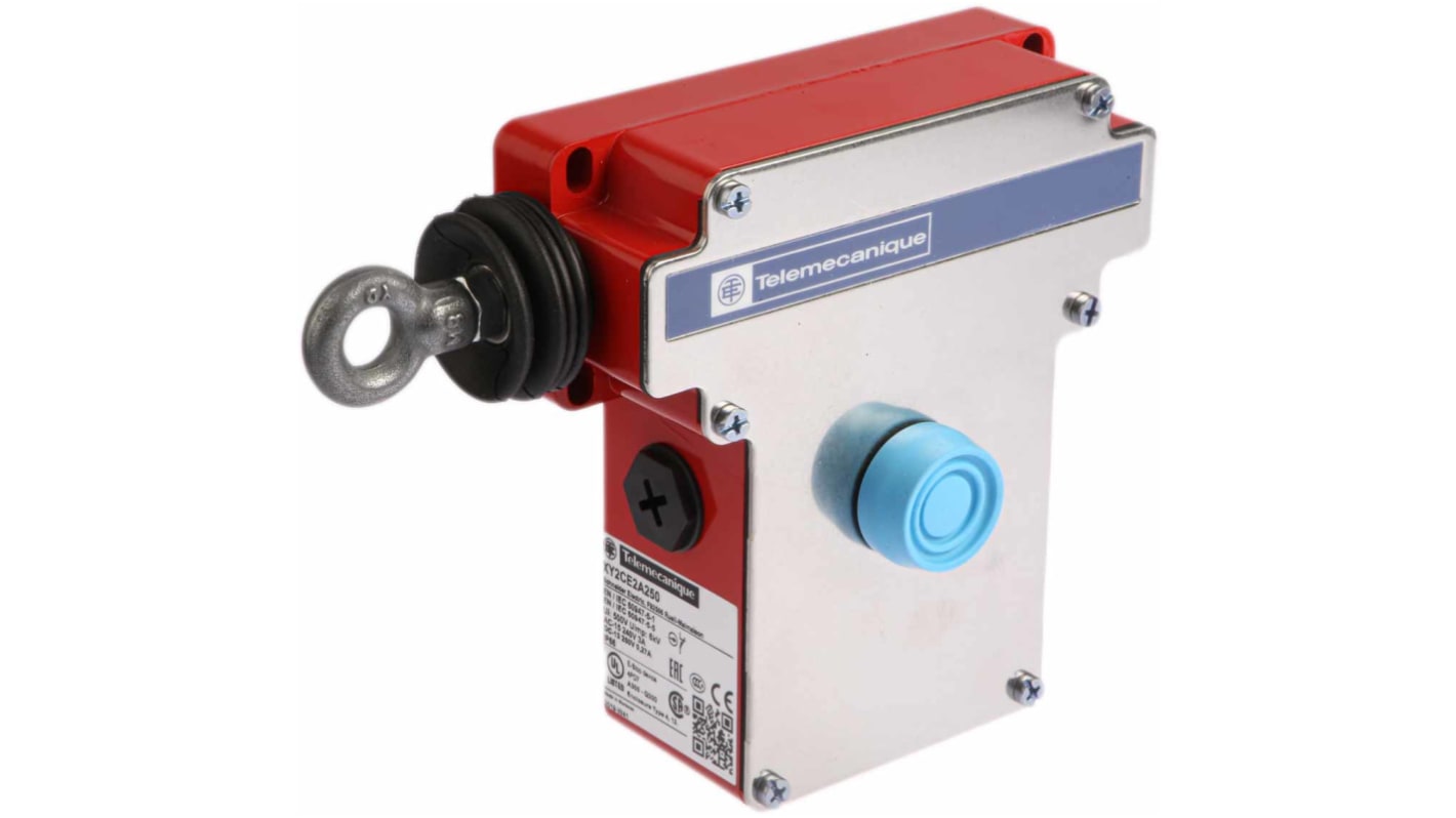 Interruttore a fune Telemecanique Sensors XY2CE2A250, montaggio sinistro, 1NO/1NC, cavo 50m, IP65, dimensioni 142x229x105mm.