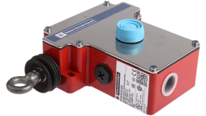 Interruttore a fune Telemecanique Sensors XY2CE2A250, montaggio sinistro, 1NO/1NC, cavo 50m, IP65, dimensioni 142x229x105mm.