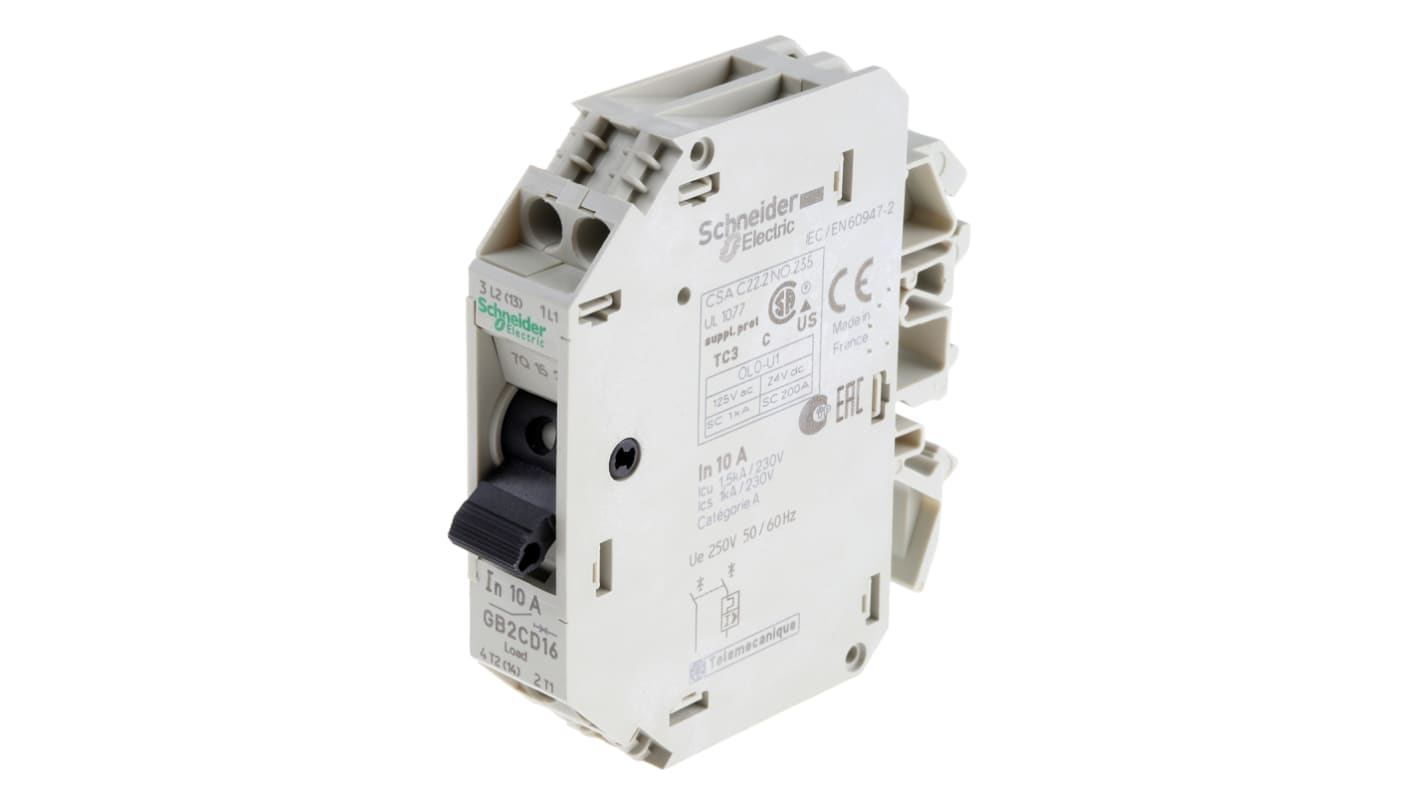Interruttore termico Schneider Electric GB2CD16, 1P + N, 10A, 250V. Protezione corto circuiti e sovraccarichi, montaggio su guida DIN. Per apparecchiature industriali.