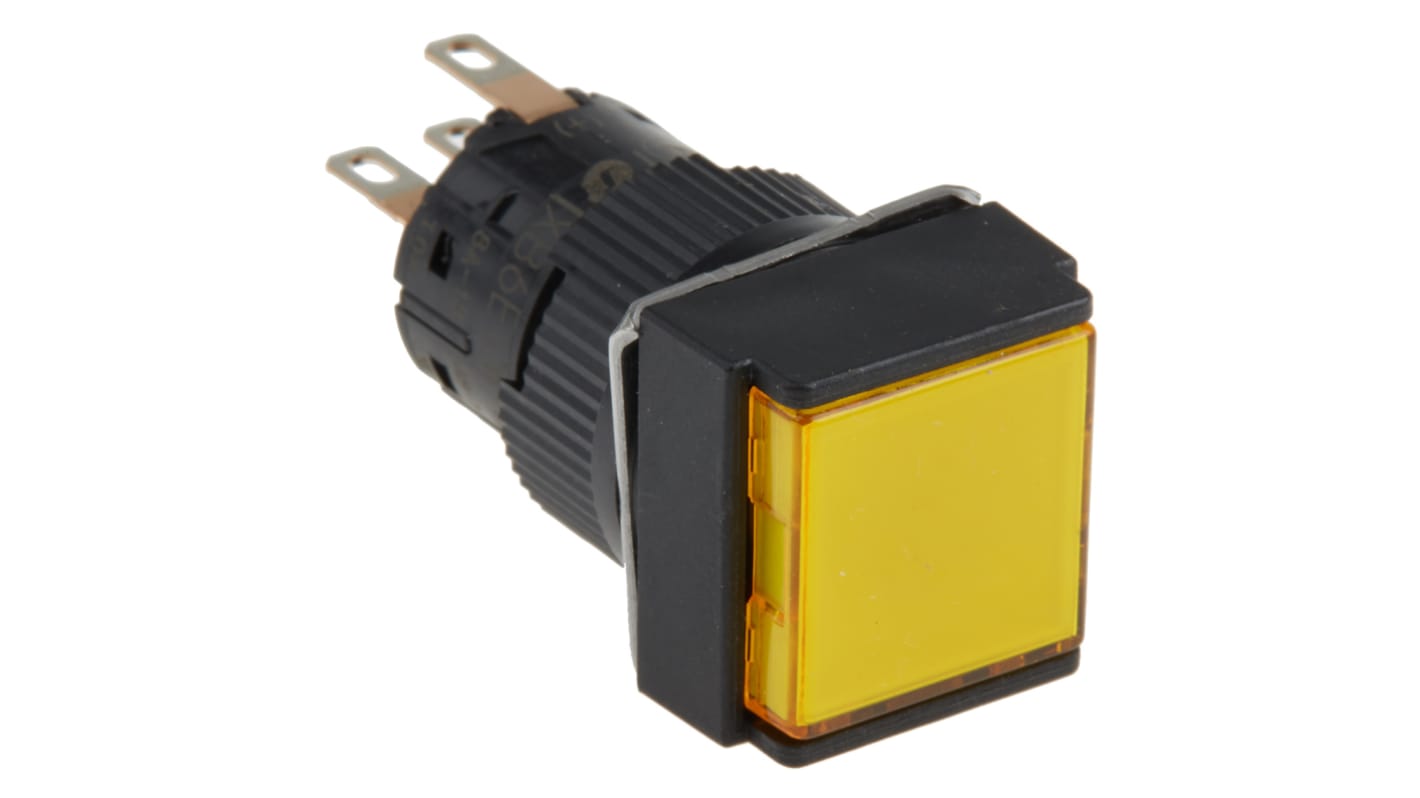 Pulsante SPDT luminoso giallo Schneider Electric XB6ECW5B1P, montaggio a pannello, grado di protezione IP65, dimensione foratura 16 mm.