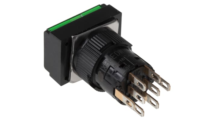 Pulsante DPDT luminoso verde Schneider Electric XB6EDW3B2P, montaggio a pannello, grado di protezione IP65, LED integrato.