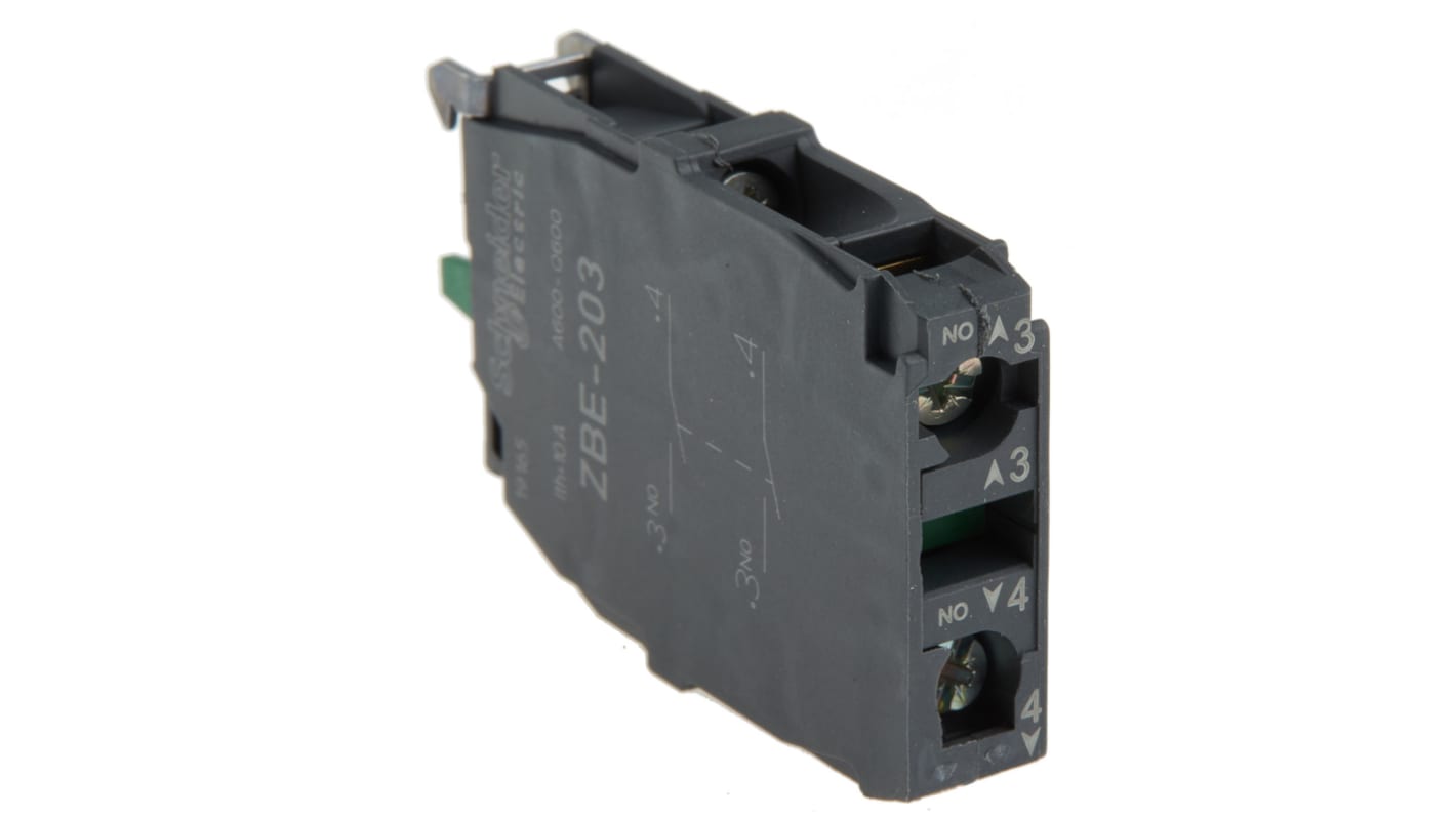 Blocco contatti Schneider Electric ZBE203, 2 NA, terminali a vite. Serie Harmony XB4/5, durata meccanica 100M cicli. Eco-friendly e conforme a norme EN/IEC 60947-5-1.