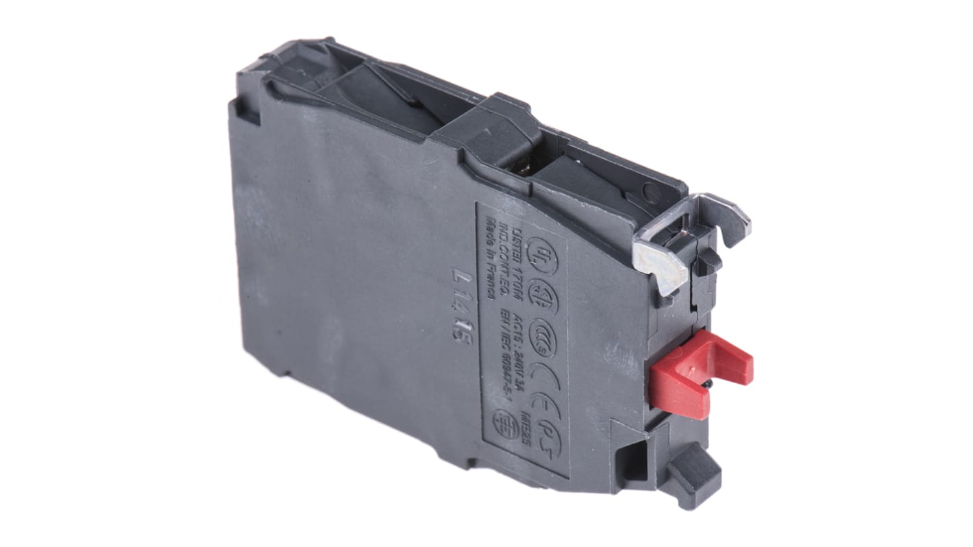Blocco contatti Schneider Electric ZBE204, 2NC a vite, montaggio su piastra, resistenza a vibrazioni e urti, durata meccanica 100 milioni di cicli.