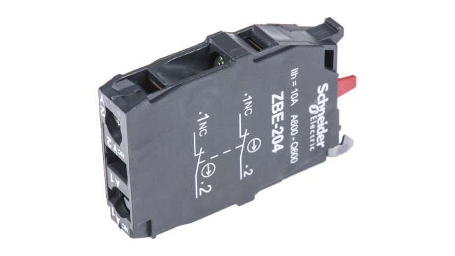 Blocco contatti Schneider Electric ZBE204, 2NC a vite, montaggio su piastra, resistenza a vibrazioni e urti, durata meccanica 100 milioni di cicli.