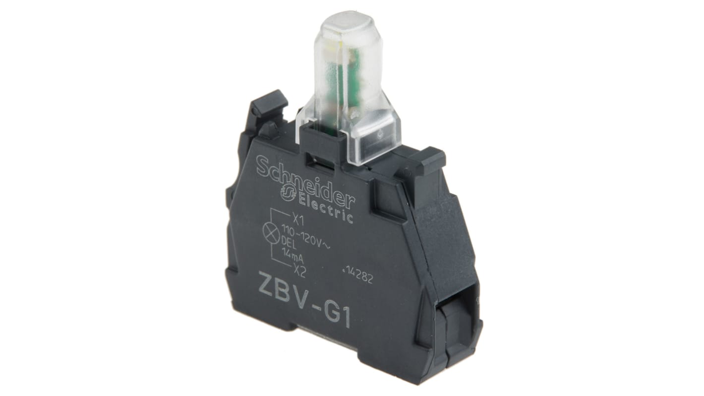 Blocco luminoso Schneider Electric ZBVG1 LED bianco 110-120V con terminali a vite, ideale per automazione industriale.