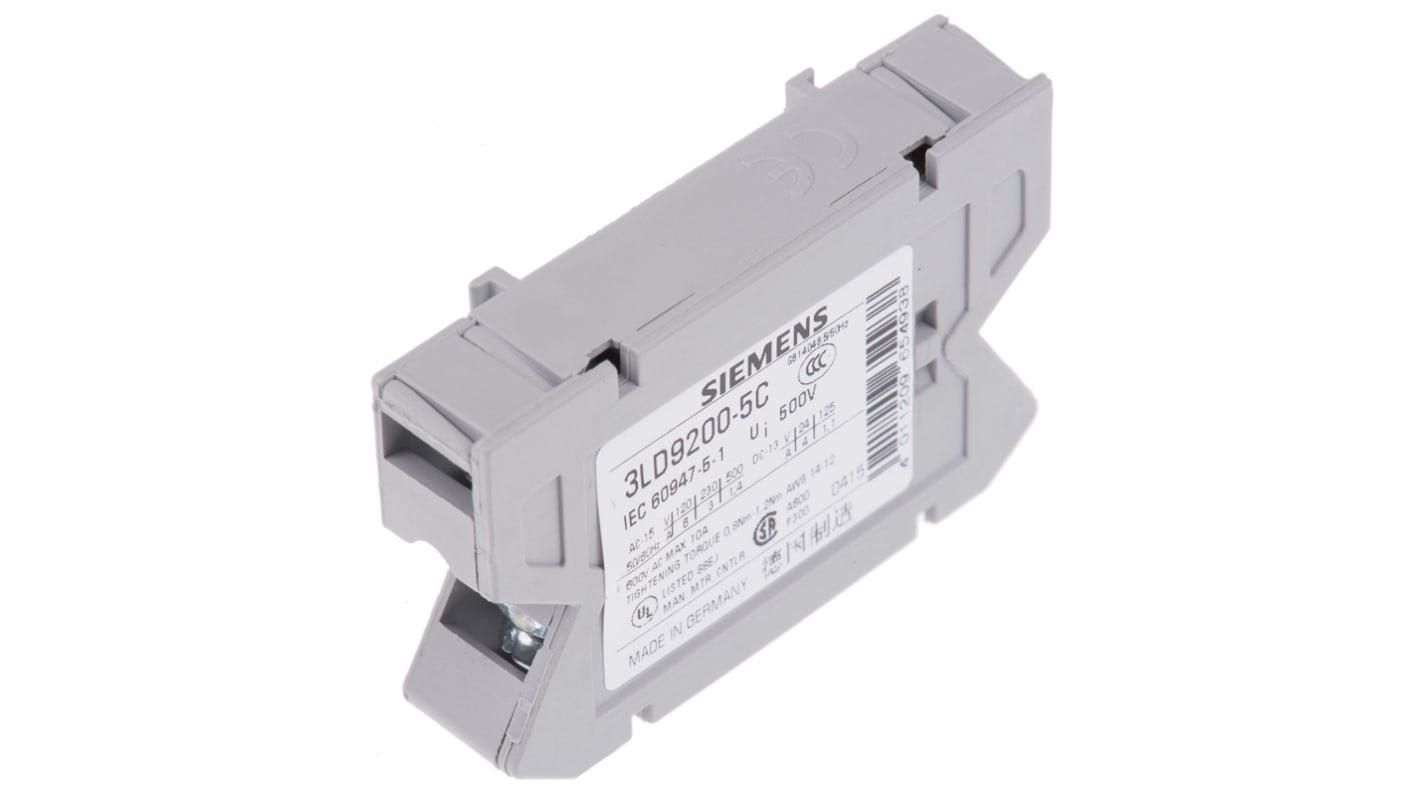Contatto ausiliario Siemens 3LD9200-5C con 2 contatti, montaggio da pavimento DP. Ideale per impianti elettrici.