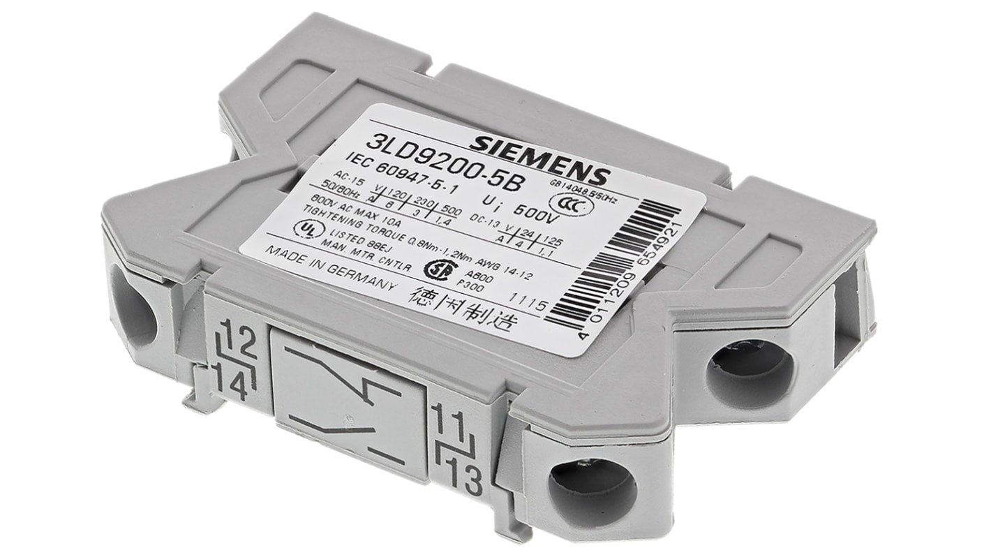 Contatto ausiliario Siemens 3LD9200-5B per Sentric LD, con interruttore per montaggio frontale e a parete. Certificato CE, 1 N/O e 1 N/C, accensione anticipata e spegnimento ritardato.