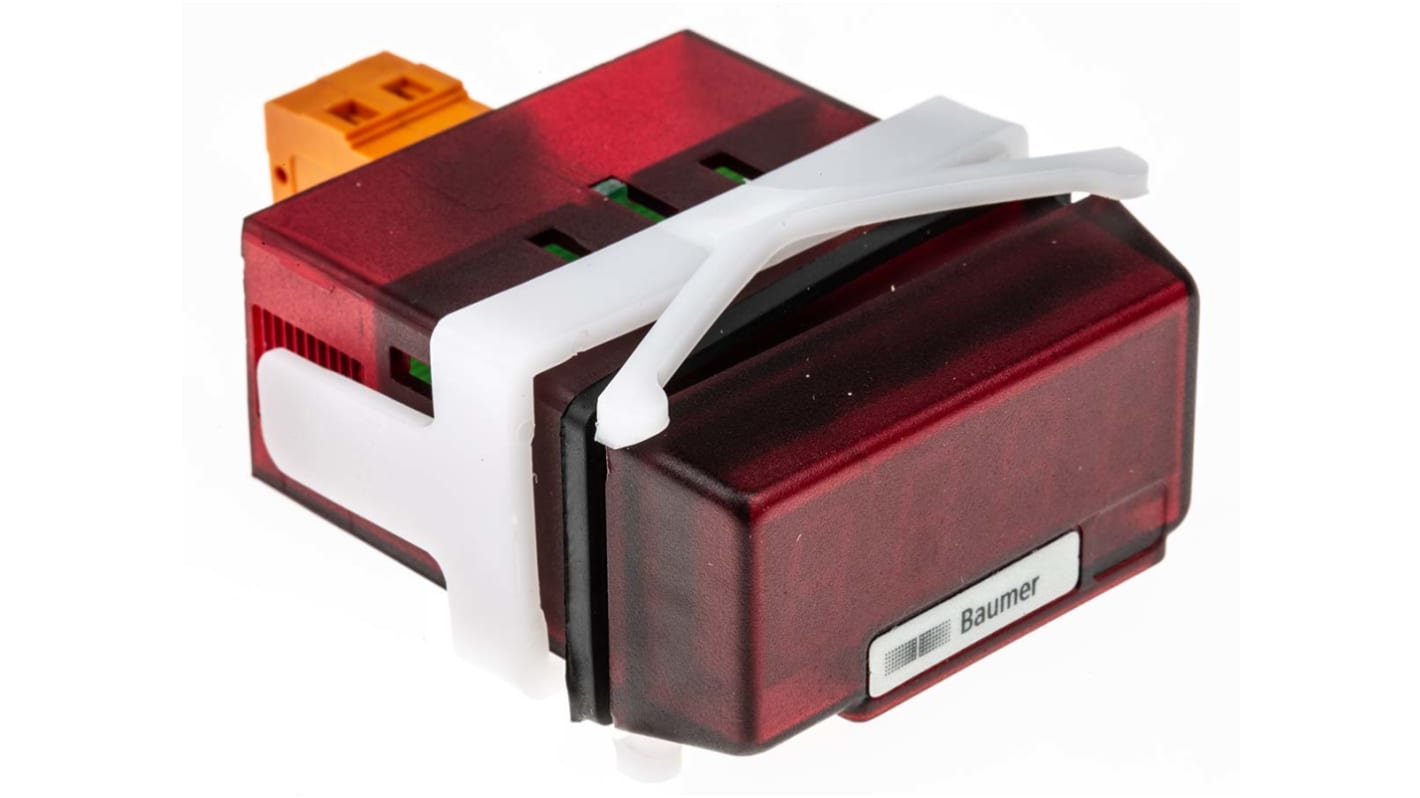 Amperometro digitale Baumer PA210.009AX01, display LED rosso 10mm, contenitore DIN 48x24mm, precisione ±0,1%.