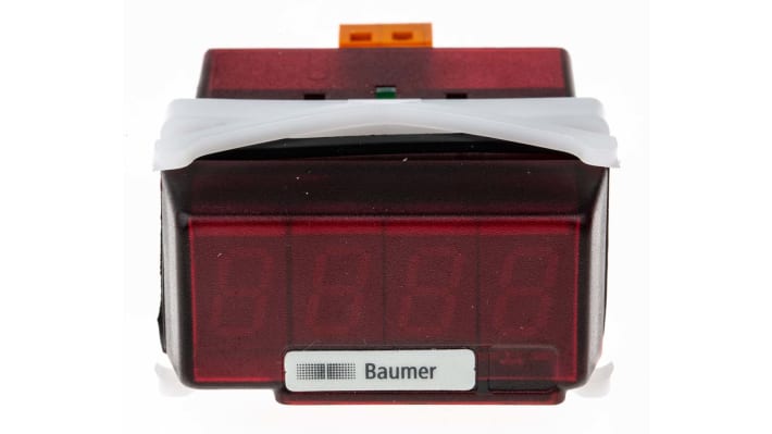 Amperometro digitale Baumer PA210.009AX01, display LED rosso 10mm, contenitore DIN 48x24mm, precisione ±0,1%.