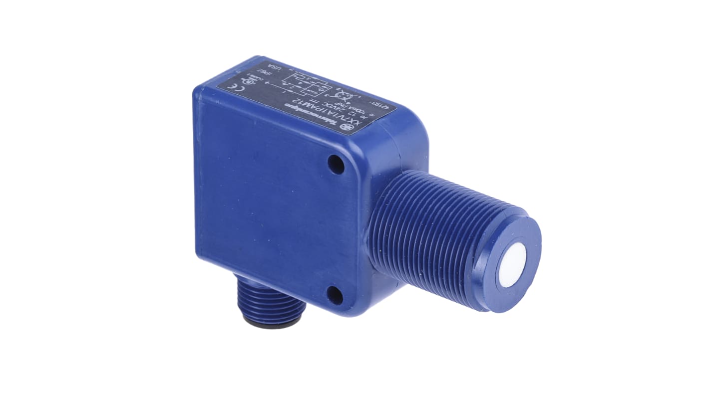 Sensore di prossimità PNP Telemecanique Sensors XX7V1A1PAM12, ultrasuoni, rilevamento 50-500 mm, IP67, M12, 12-24 V c.c.