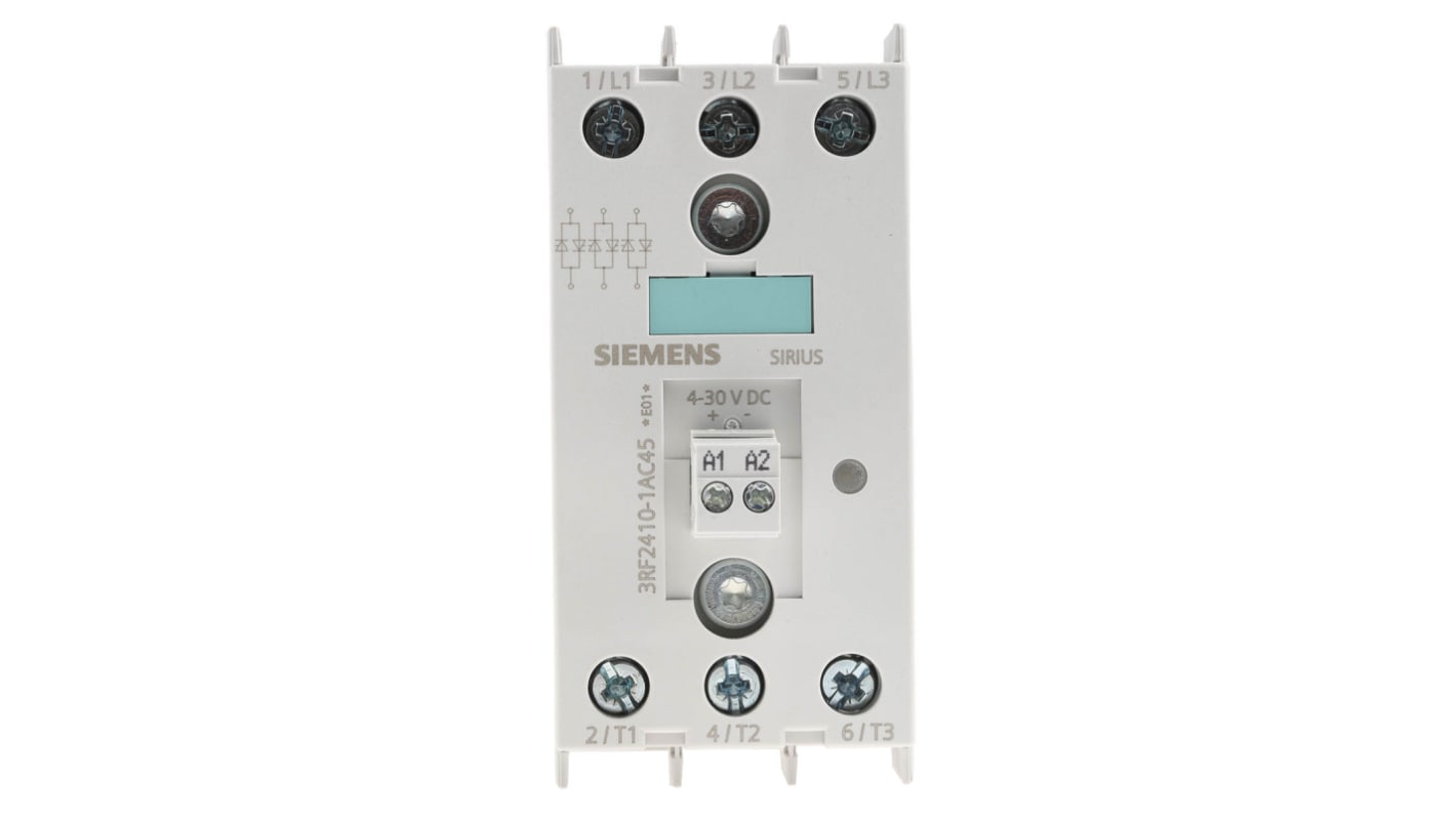 Relè a stato solido Siemens 3RF2410-1AC45, 10,5 A, 600 V, Zero Cross - Serie SIRIUS. Montaggio su guida DIN, protezione contro surriscaldamento. Ideale per motori e circuiti.