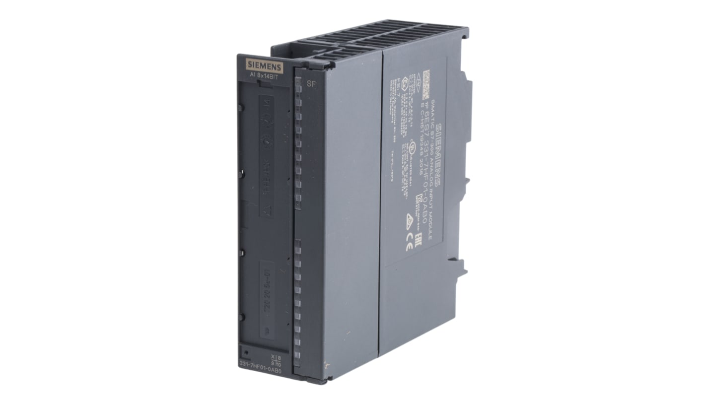 Modulo I/O PLC Siemens 6ES7331-7HF01-0AB0, serie GRT1, 8 ingressi analogici, 24 V, dimensioni 125 x 40 x 120 mm.