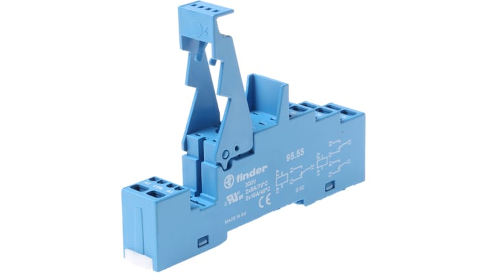 Zoccolo Finder 95.55SPA per relè serie 40.52, 40.61, 44.52, 44.62, 40.51, montaggio su guida DIN, 250V, 10A, 8 contatti.